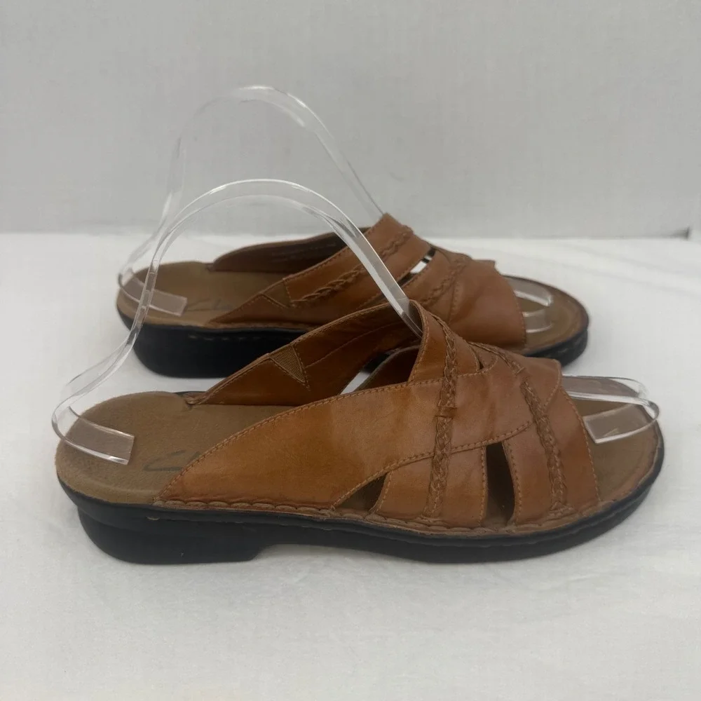 Clarks Womens Tan Brown Leather Braided Slide Sandals Size 7M Made in Brazil - Picture 10 of 13